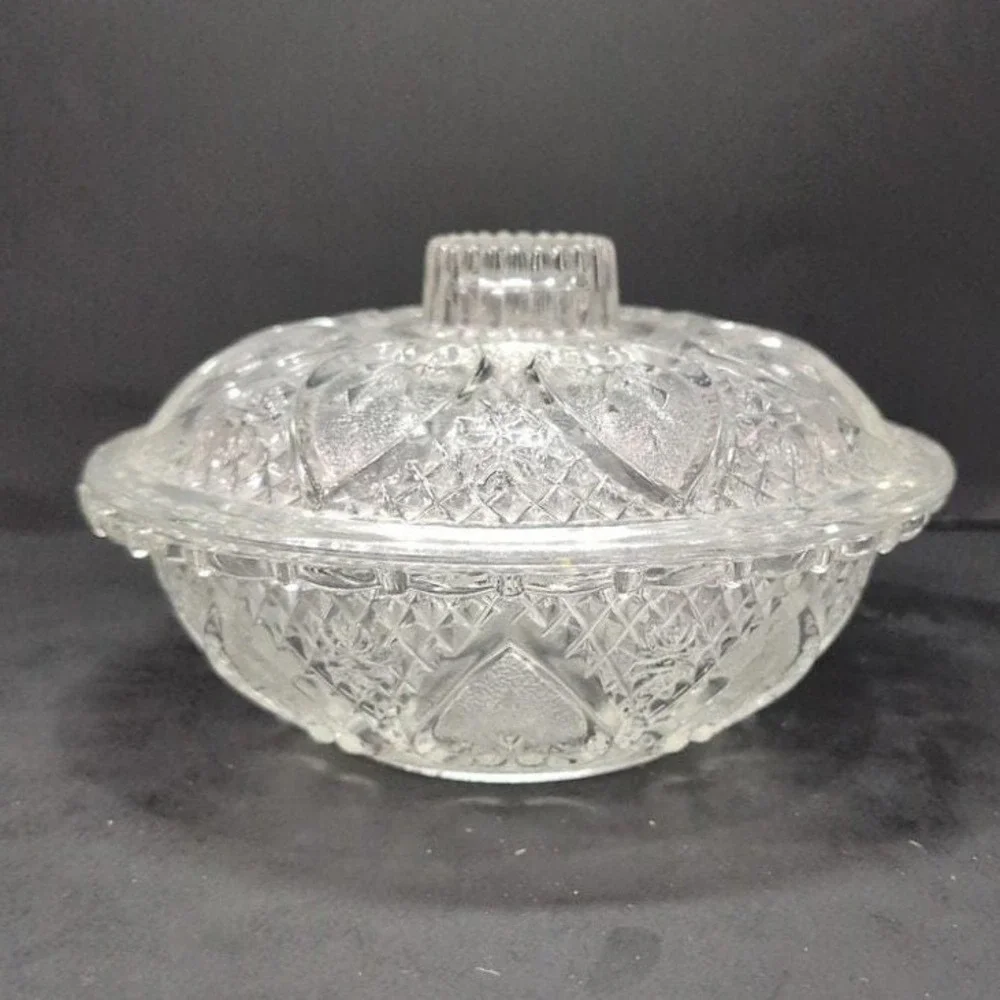Pasari Indonesia Lidded Candy Dish, Hearts &‎ Flowers Pattern, Pressed Glass Jar
